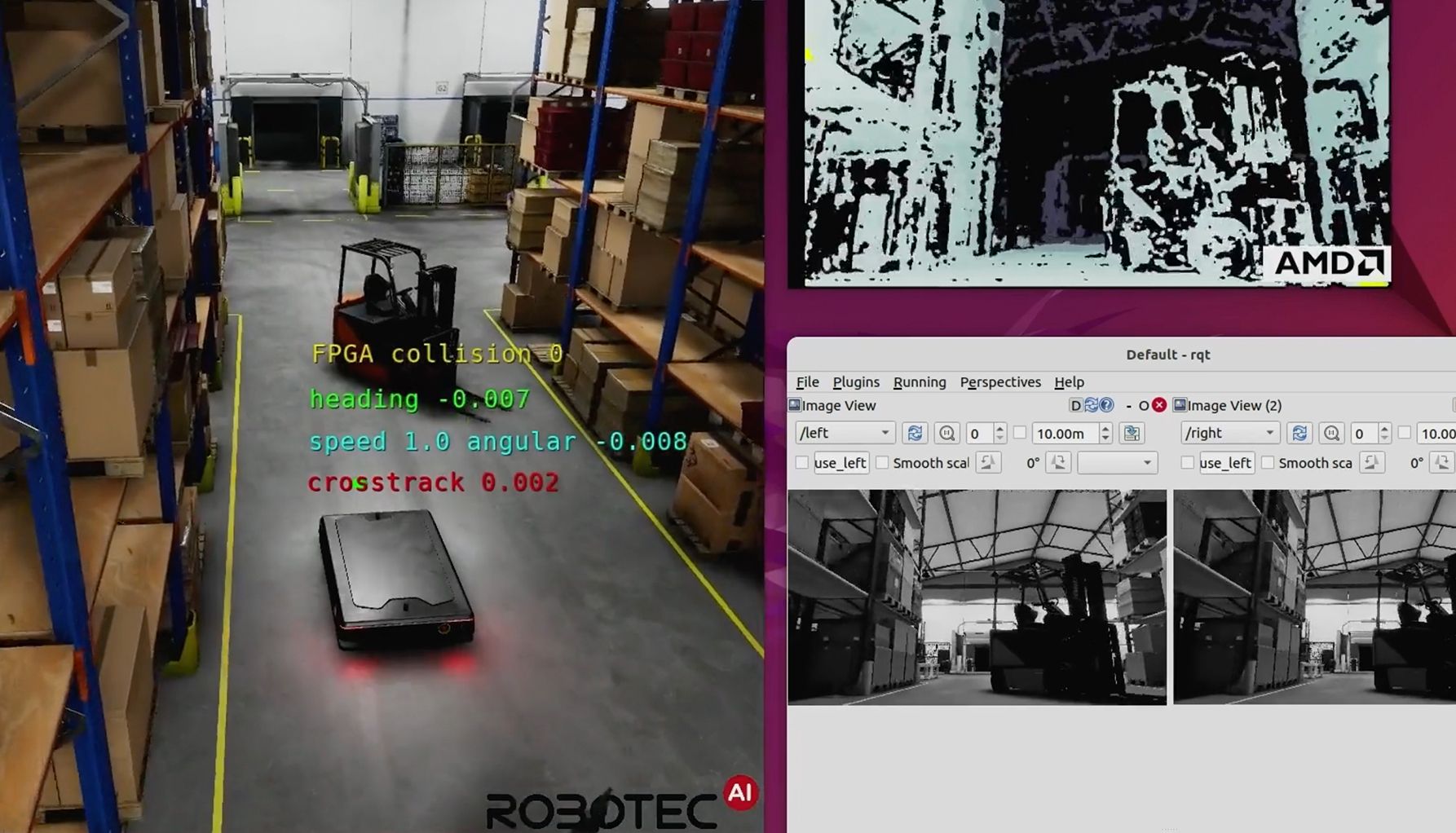 Autonomous forklift navigating a warehouse aisle with real-time object detection and depth analysis displayed on the monitoring screen.
