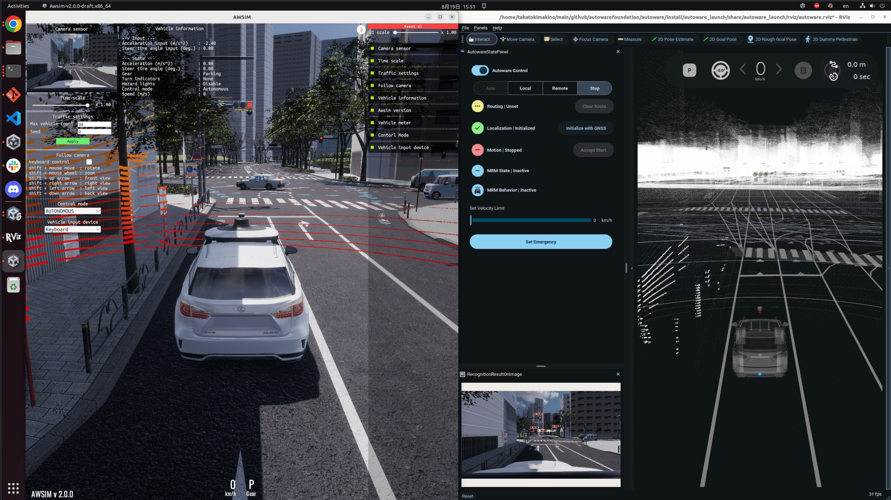 Simulation interface showing an autonomous vehicle navigating a city street with real-time sensor data and LiDAR visualization displayed on the right side of the screen.