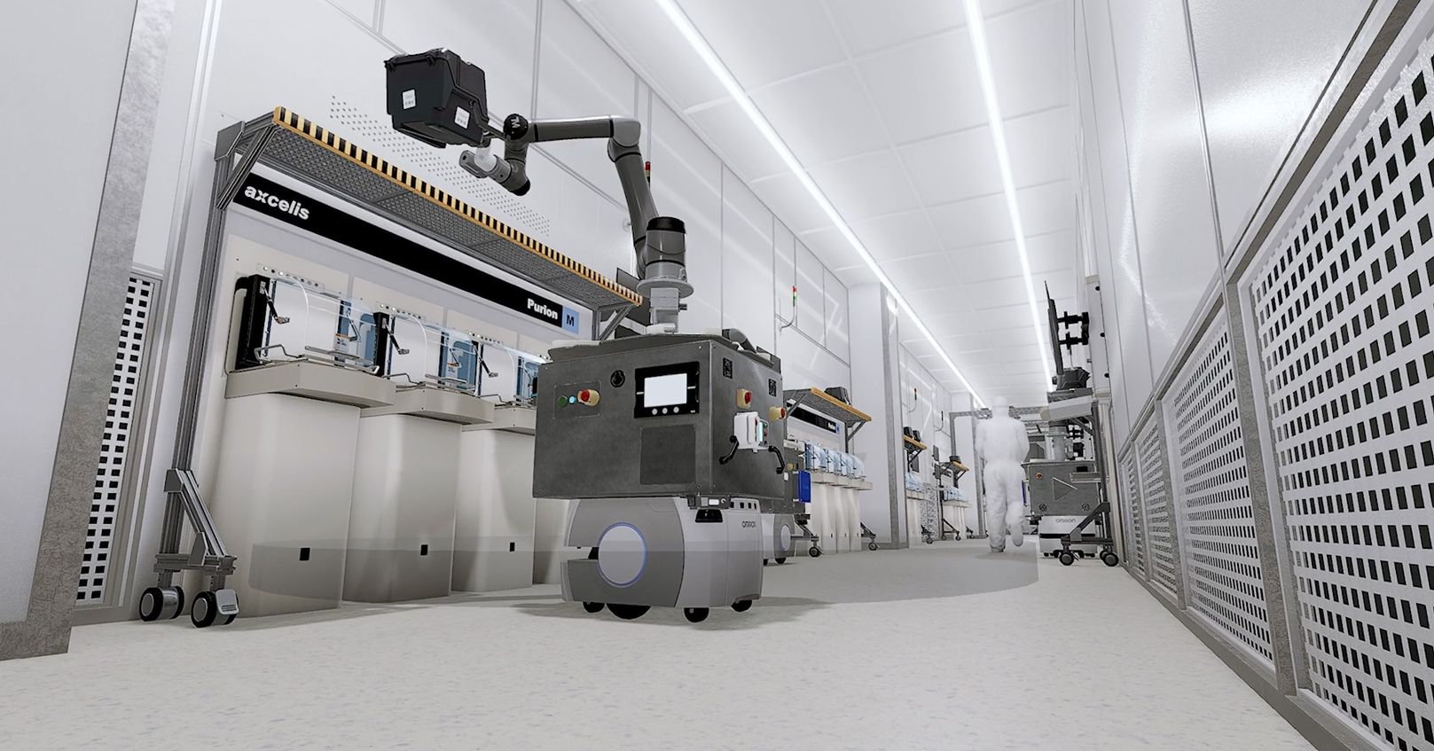 Robotic arm operating inside a modern cleanroom environment with advanced laboratory equipment and bright overhead lighting.